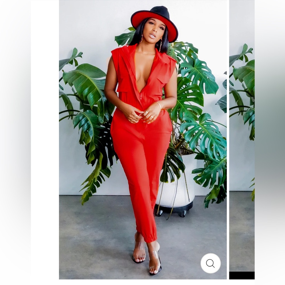Red Sleeveless Jumpsuit with Wrap V-Neck and Tailored Fit
